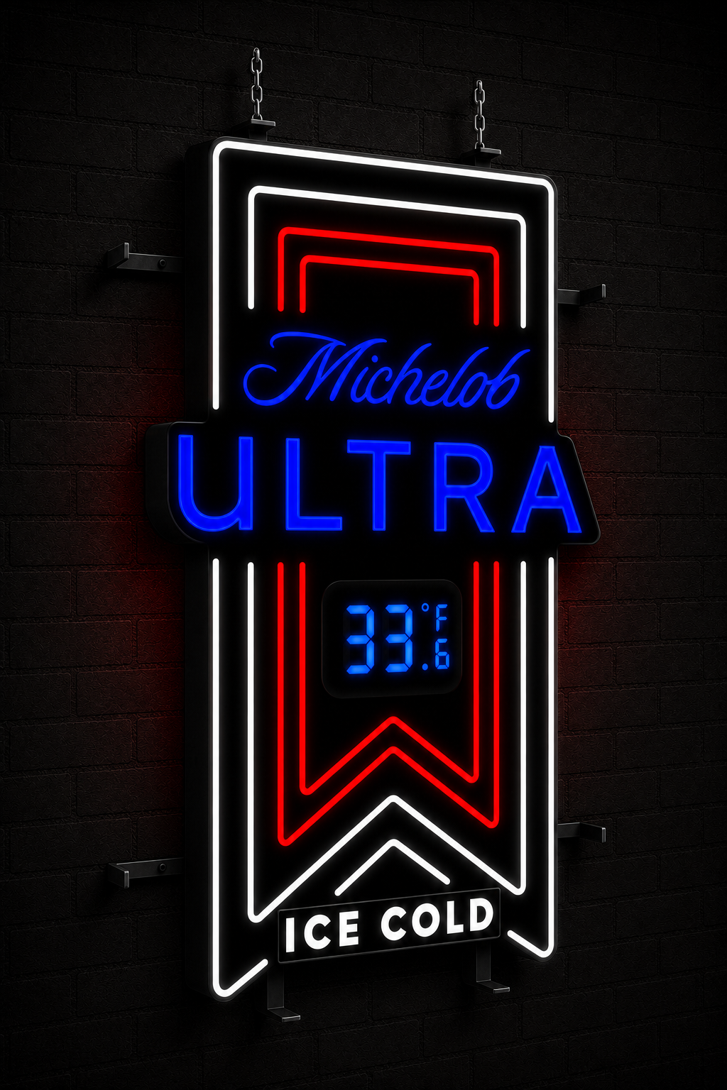 Michelob Ultra illuminated sign displayed on a venue-style brick wall